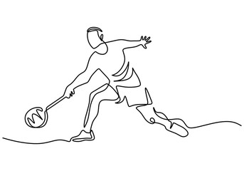 One continuous line drawing of young happy tennis player doing service and hit the ball. Sport exercise concept hand drawn minimalism design . Vector illustration for tournament promotion poster