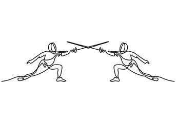 Continuous one line drawing of two man fencing athletes fight suit practicing with sword on professional sports arena, motion fast of speed practice by tournament. Vector illustration