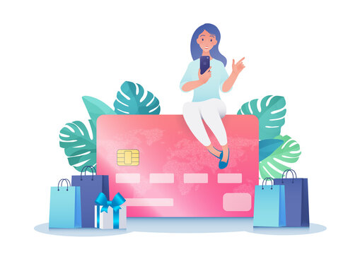 Credit Card Or Contactless Payment Business Concept. Woman Using Smartphone Sitting On Top Of A Credit Card Shopping Online. Vector Illustration Isolated On White Background.