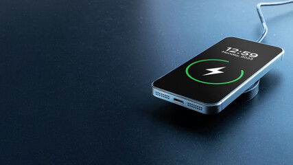 Phone charge. Mobile cell phone charge battery from wireless smart charger. Modern technology, portable fast charger. - obrazy, fototapety, plakaty