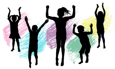 Happy jumping and standing black silhouettes of children and color smear brush. Vector illustration