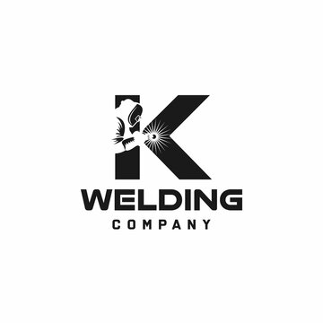 Letter K welding logo, welder silhouette working with weld helmet in simple and modern design style art
