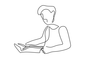 One continuous line drawing of men reading a book. A teenager boy is read a book for study at home. Back to school concept hand drawn line art minimalism design. Vector illustration