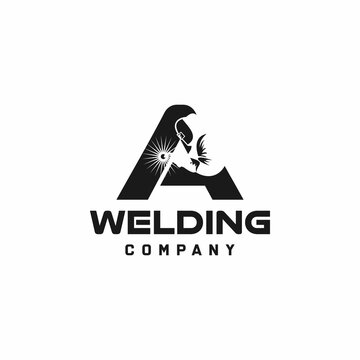 Letter A welding logo, welder silhouette working with weld helmet in simple and modern design style art
