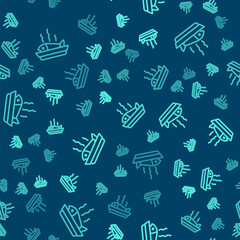Green line Served fish on a plate icon isolated seamless pattern on blue background. Vector