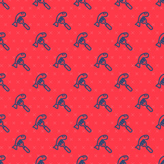 Blue line Served fish on a plate icon isolated seamless pattern on red background. Vector