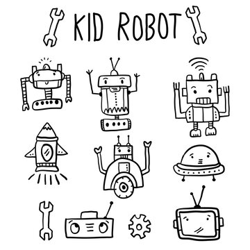 Cute set collection with childish robot and different items funny drawing. Children robo cartoon isolated on white background. Old vintage kid toys sketch doodle vector illustration