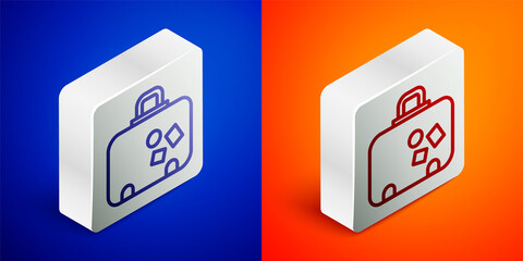 Isometric line Suitcase for travel icon isolated on blue and orange background. Traveling baggage sign. Travel luggage icon. Silver square button. Vector