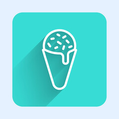 White line Ice cream in waffle cone icon isolated with long shadow. Sweet symbol. Green square button. Vector