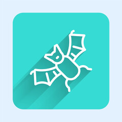 White line Flying bat icon isolated with long shadow. Happy Halloween party. Green square button. Vector