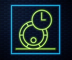 Glowing neon line Wooden barrel for wine icon isolated on brick wall background. Aging of wine in a barrel. Vector