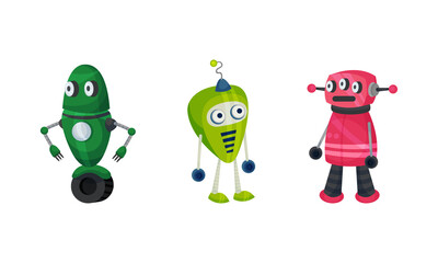 Cute Little Robot with Metal Parts Vector Set