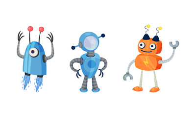Cute Little Robot with Metal Parts Vector Set