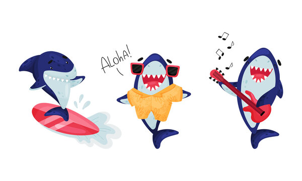Blue Toothy Cartoon Shark Playing Guitar and Surfboarding Vector Set