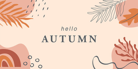 Trendy abstract floral Hello Autumn horizontal banner template. Good for branding, web design, social media post, landing page, invitation, print flyer. Vector illustration in flat style.