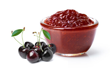 Red cherry berry jam in glass bowl and fresh berries fruit isolated on white