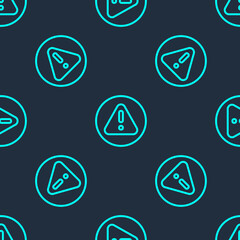 Green line Exclamation mark in triangle icon isolated seamless pattern on blue background. Hazard warning sign, careful, attention, danger warning important. Vector