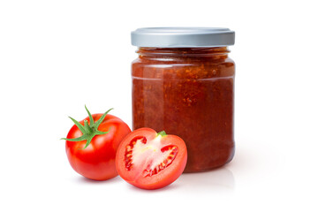 tomato  jam sauce in glass jar on white