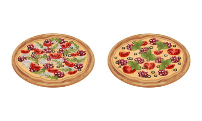 Traditional Italian Pizza of Round Shape with Salami and Tomato Vector Set