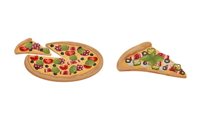 Traditional Italian Pizza of Round Shape with Salami and Tomato Vector Set