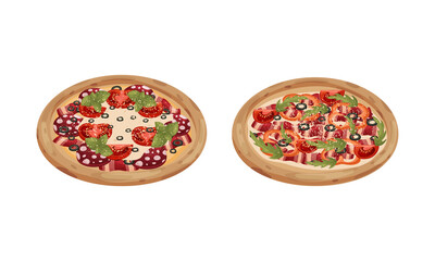 Traditional Italian Pizza of Round Shape with Salami and Tomato Vector Set