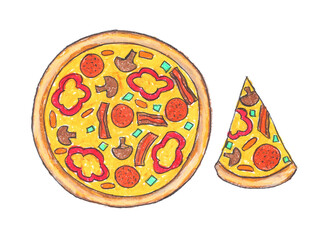 Italian pizza drawing with crayon on white paper, Favorite Italian food