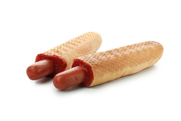 Tasty french hot dogs isolated on white background