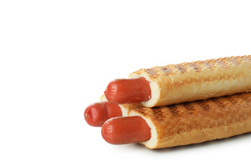 Tasty french hot dogs isolated on white background