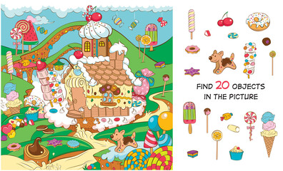 A fabulous country of sweets. Find 20 hidden objects in the picture. Hidden objects puzzle