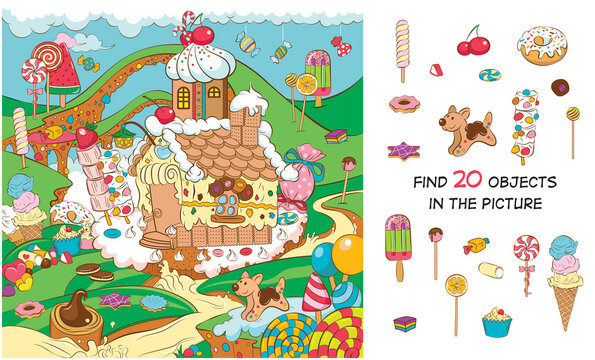 A Fabulous Country Of Sweets. Find 20 Hidden Objects In The Picture. Hidden Objects Puzzle