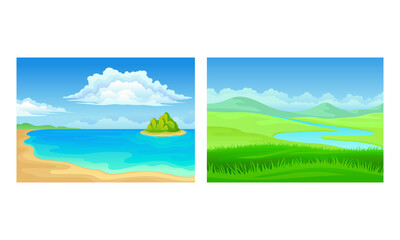 Landscape Panorama View with Sea Shore and Green Hills Vector Set