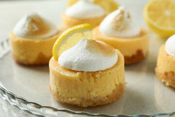 Tray with tasty lemon cupcakes, close up