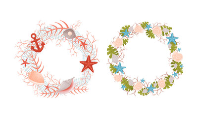 Decorative Sea Wreath Arranged of Shells and Conch from Ocean Bottom Vector Set