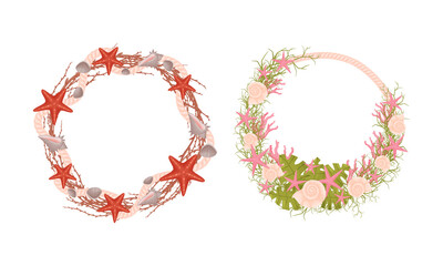 Decorative Sea Wreath Arranged of Shells and Conch from Ocean Bottom Vector Set