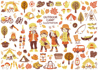 夏のアウトドア レジャー キャンプ 家族 アイコン イラストセット Wall Mural Keiko Kusuhara