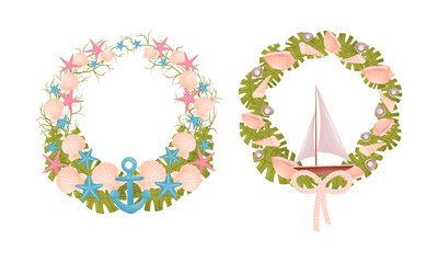 Decorative Sea Wreath Arranged of Shells and Conch from Ocean Bottom Vector Set