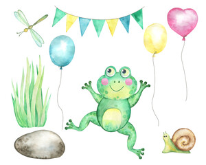 Watercolor illustration frog pond