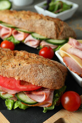 Concept of tasty eating with ciabatta sandwiches, close up