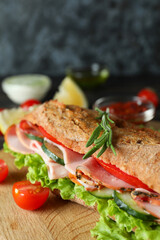 Tasty ciabatta sandwich, close up and selective focus