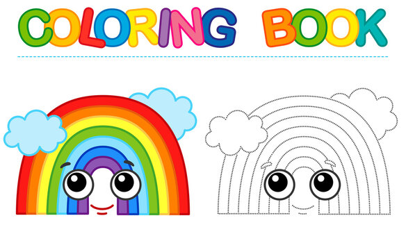 Coloring page funny smiling rainbow. Educational tracing coloring book for childrens activity