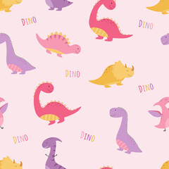 Seamless pattern. Hand drawn cute dinosaurs. Pink, yellow, purple Dino. Suitable for wallpaper, textiles, fabric, wrapping paper. Vector illustration for children.