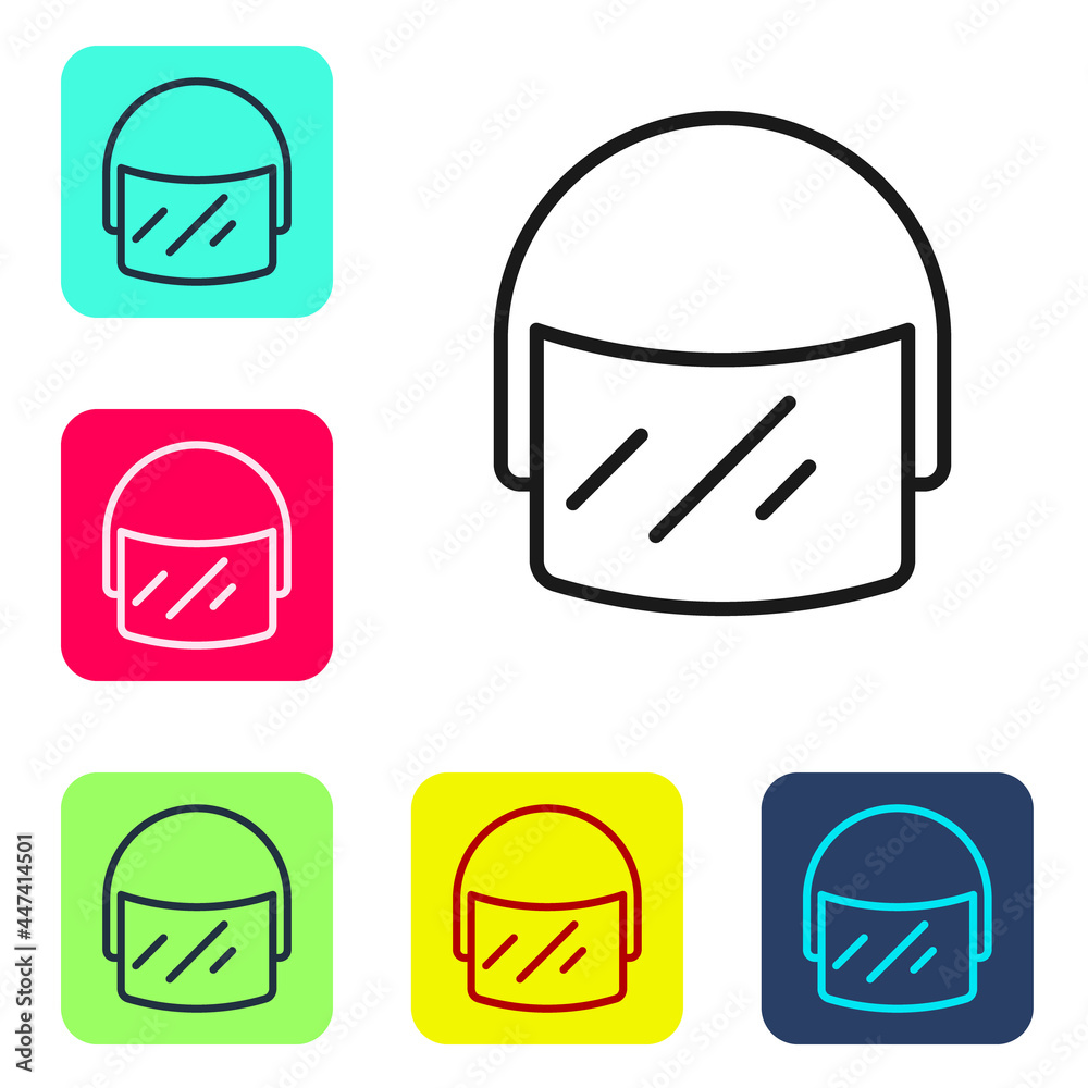 Sticker Black line Police helmet icon isolated on white background. Military helmet. Set icons in color square buttons. Vector