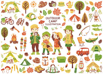 秋の紅葉狩り　アウトドア　レジャー　キャンプ　家族　アイコン　イラストセット
