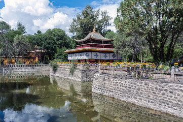Tsokyil Palace in Nobulingka Park, Lhasa, Tibet.
It lies to the northwest of Kelsang Palace in the midst of the lake and is the most attractive pavilion built by the 8th Dalai Lama.