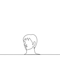 man's head above the line (fence, wall) - one illustration. three-quarter man portrait, concept of peeping or watching someone