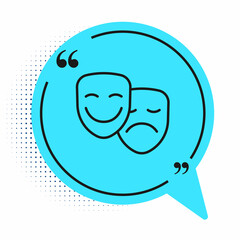 Black line Comedy and tragedy theatrical masks icon isolated on white background. Blue speech bubble symbol. Vector