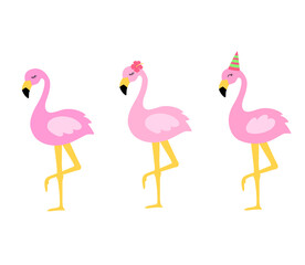 Vector illustration of cute pink flamingo with flower hibiscus on head and party hat isolated on white background. Can be used like sticker or for birthday cards and party invitations