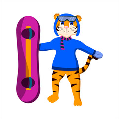 cartoon tiger stands with a snowboard, symbol of the year, vector isolated on a white background