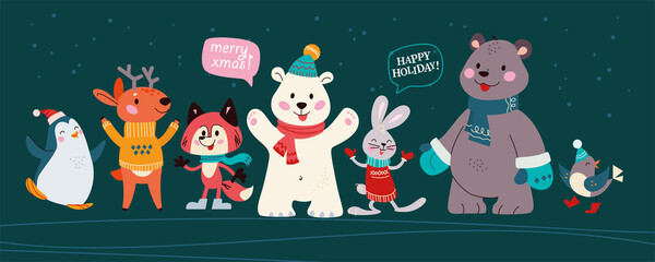 Christmas banner with group of cute winter animals. Polar bear, deer, penguin, fox, rabbit isolated. Vector flat cartoon illustration. For cards, invitations, placards, packaging.