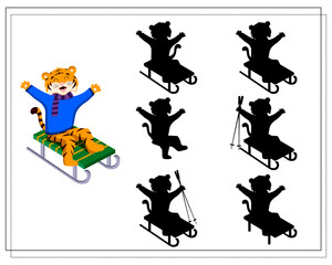 a game for children find the right shadow, a cartoon tiger on a sled, a symbol of the year. vector